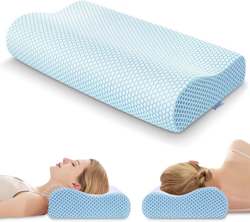 Photo 1 of Anvo Cervical Memory Foam Pillows for Neck Pain, Neck Pillows for Pain Relief Sleeping, Side Sleeper Contour Orthopedic Pillow for Back Stomach - Blue, Firm
