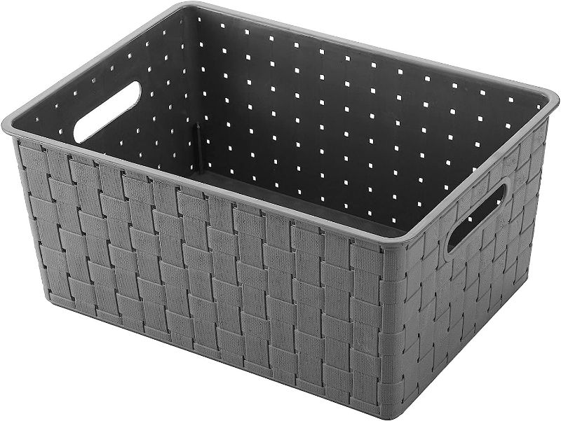 Photo 1 of 3 Pack Woven Plastic Storage Basket, Organizing Pantry Storage Bins for Toys, Accessories, Bedroom, Classrooms, Office, School, 10" L x 7" W x 4.4" H, Grey