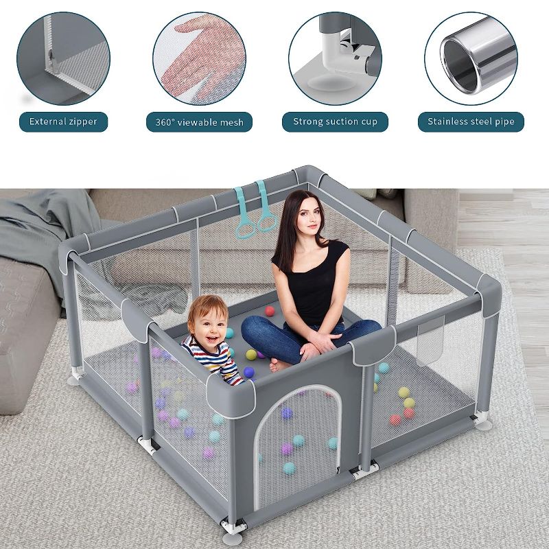 Photo 1 of Baby Playpen, Kids Large Baby Playard, Playpen for Babies and Toddlers with Gate Indoor & Outdoor Kids Activity Center, Sturdy Safety Play Yard with Breathable Mesh, Kid's Fence for Infants (Grey)
