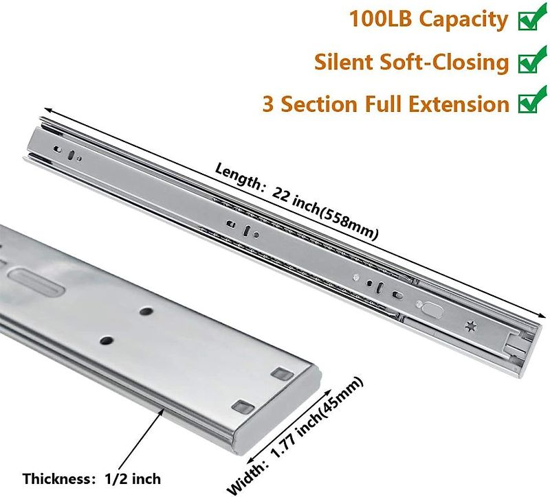 Photo 1 of 1 Pair Heavy Duty Drawer Slides 22 inch Soft Close Ball Bearing Drawer Slides 
**NO SCREWS*
.
