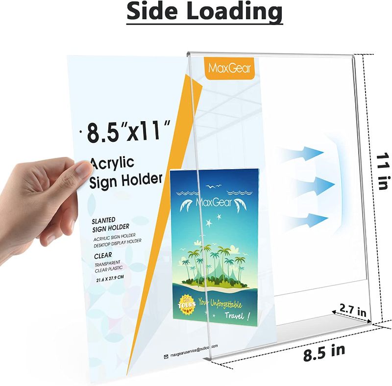 Photo 1 of MaxGear 8.5 x 11 Acrylic Sign Holder, Vertical Slant Back Clear Plastic Frame Sign Holder, Desktop Flyer Display Stand with Screws, Menu Table Stand for Restaurant, Wedding, Office, 3 Pack
