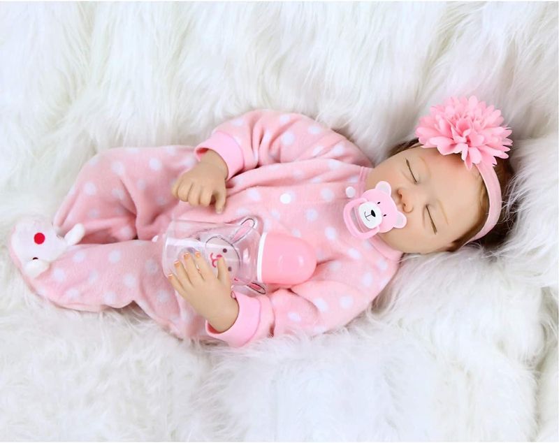 Photo 3 of MAIHAO 22inch Lifelike Reborn Baby Dolls Girls Realistic Sleeping Babies Cheap That Look Real Life Newborn Toddler for Kids Eyes Closed
**HEADBAND AND BOTTLE NOT INCLUDED**