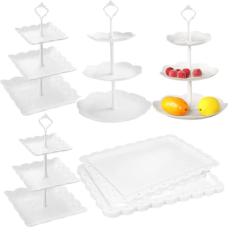 Photo 1 of 10 Pcs Cake Stand White Plastic Dessert Table Stand Set 4 Pcs 3 Tire Cupcake Display Stands Cookie Tray Rack Serving Tray Cake Display Tower and 6 Pcs Dessert Trays for Wedding Baby Shower Tea Party
