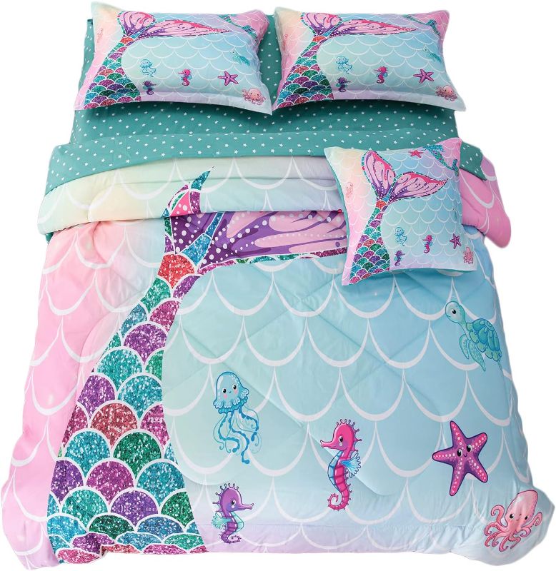 Photo 1 of ADASMILE A & S 6 Pieces Mermaid Comforter Twin for Girls Kids Mermaid Bedding Fish Scale with Starfish Turtle Printed Bed in a Bag Comforter and Sheet Set Rainbow Mermaid Scale Bedding Home Decor