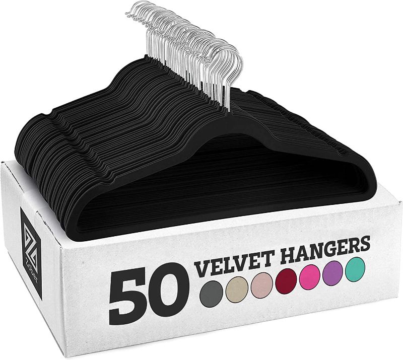 Photo 1 of Zober Velvet Hangers 50 Pack - Black Hangers for Coats, Pants & Dress Clothes - Non Slip Clothes Hanger Set w/ 360 Degree Swivel, Holds up to 10 lbs - Strong Felt Hangers for Clothing