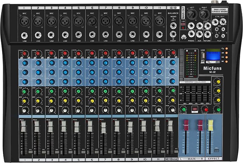 Photo 1 of DJ console Micfuns Stage Audio 12 mono channel 48V Mixer with USB computer Bluetooth Built-in Digital Effect Mixer for Music recording studio Live stage Yoube Tiktok