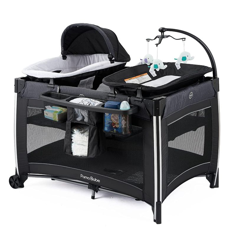 Photo 1 of Pamo Babe 4 in 1 Portable Baby Crib Deluxe Nursery Center, Foldable Travel Playard with Bassinet, Mattress, Changing Table for Newborn, Infant, Toddler(Black)