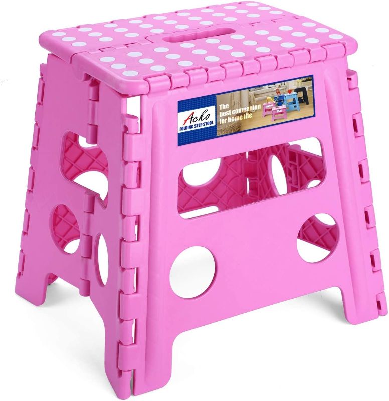 Photo 1 of ACKO Folding Step Stool - 13 inch Height Premium Heavy Duty Foldable Stool for Kids and Adults, Kitchen Garden Bathroom Stepping Stool (Pink)