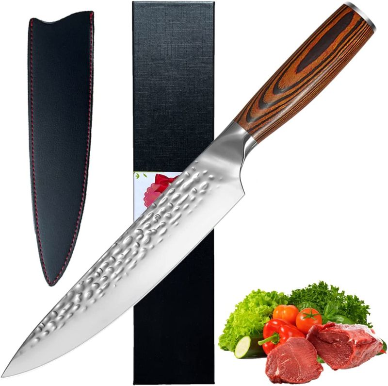 Photo 1 of Chef Knife, Super Sharp 7.5 inch Professional Chef's Knife with Pakkawood Handle, VG-5 Stainless Steel, Kitchen Meat Vegetable Knife with Leather Sheath and Gift Box