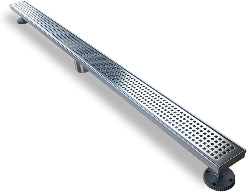 Photo 1 of 24-Inch Linear Shower Drain with Quadrato Pattern Grate,Professional Brushed 304 Stainless Steel Rectangle Shower Floor Drain Manufacturer,with Leveling Feet,Hair Strainer