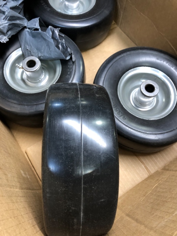 Photo 1 of AR-PRO (4-Pack) 9x3.50-4” Flat Free Lawnmower Tire with 4" Centered Hub, 3/4" Bushings and Wheel Assemblies - PU Tire on Wheel and Adapter Kits