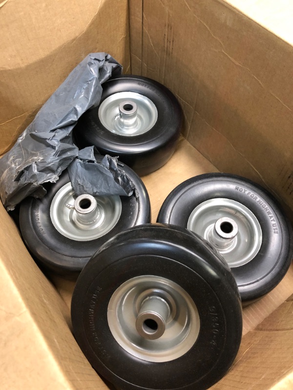 Photo 4 of AR-PRO (4-Pack) 9x3.50-4” Flat Free Lawnmower Tire with 4" Centered Hub, 3/4" Bushings and Wheel Assemblies - PU Tire on Wheel and Adapter Kits