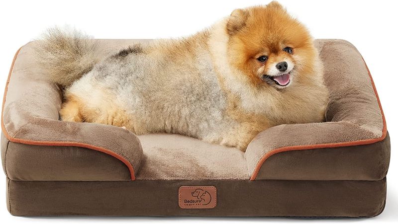 Photo 1 of Bedsure Small Orthopedic Dog Bed, Bolster Dog Beds for Small Dogs - Foam Sofa with Removable Washable Cover, Waterproof Lining and Nonskid Bottom Couch, Brown