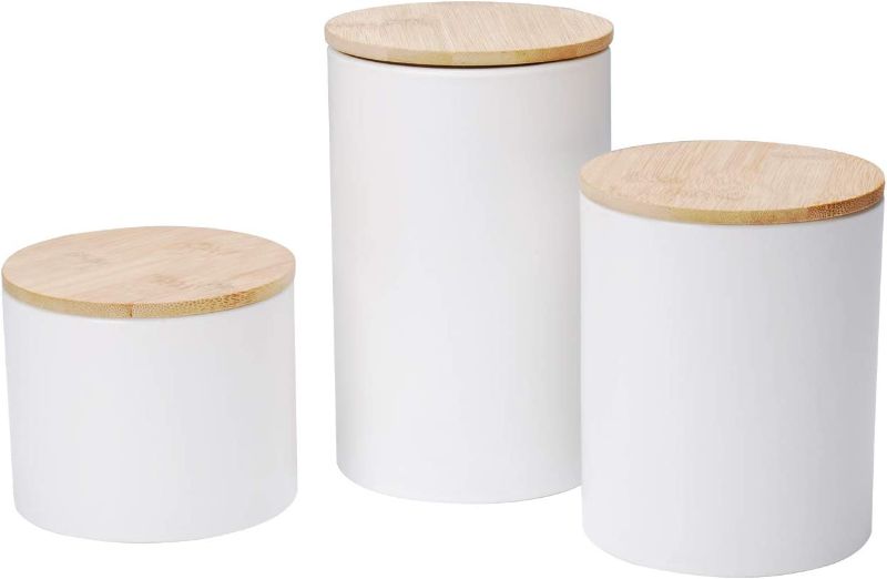 Photo 1 of Xiteliy Ceramic Canister Set Tea Coffee Sugar Storage Pots Jars Kitchen Food Storage with Bamboo Lid Set of 3(White, 3)