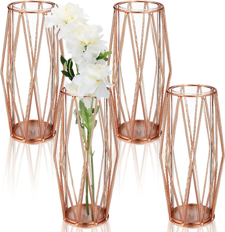 Photo 1 of 4 Pcs Glass Flower Vase with Metal Holder 11x3.8 Inches Large Modern Vases for Centerpieces Flower Stand with Cylinder Clear Vase Geometric Decor for Living Room Wedding Home Office (Rose Gold)
