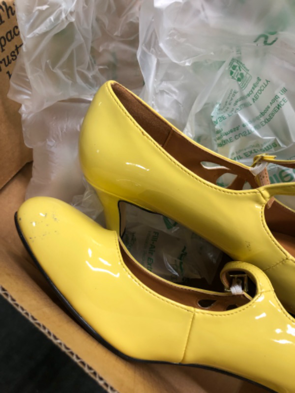 Photo 1 of LIURUIJIA Women’s Retro Mary Jane Kitten Heels Strappy Round Toe Cut Out Work Bridal Dress Pump Shoes 7 Patent Yellow