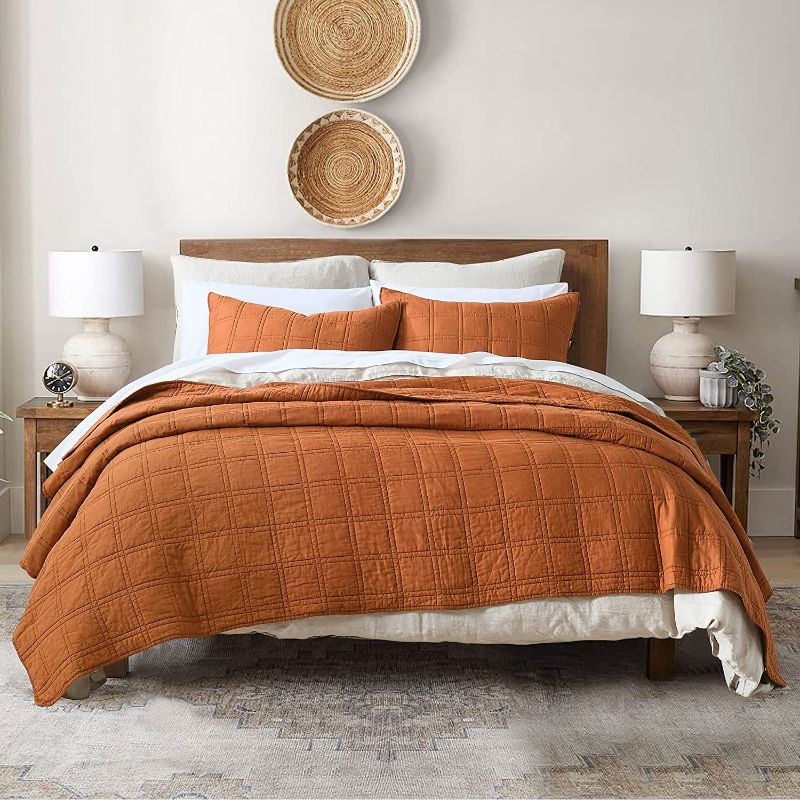 Photo 1 of 100% Cotton Quilt Queen Size Burnt Orange Bedspread, Pre-Washed 3-Piece Cozy Lightweight Stitching Decorative Bedding Cover Coverlet Set with 2 Shams in Geometric Pattern Rustic Style for All Season Burnt Orange Full/Queen
