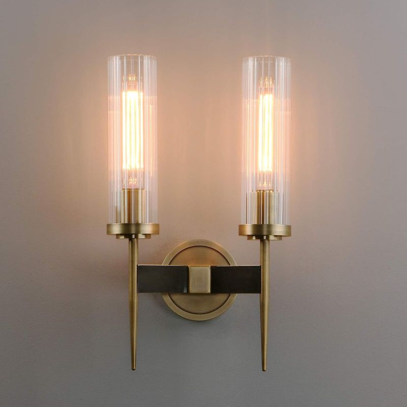 Photo 2 of Phansthy Antique Bronze 2 Lights Sconce Bathroom Vanity Lights with Dual 2.8” Cycinder Glass Light Shade
