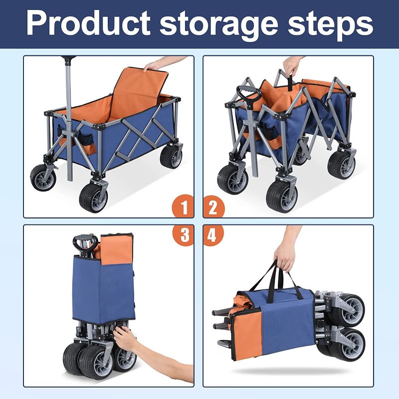 Photo 4 of DOURARY Folding Wagon Cart with All-Terrain Big Wheels Brakes, Large Carrying Capacity Cart, Adjustable Handle Sturdy Portable Foldable Wagon(Blue with Orange)