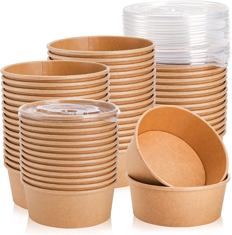 Photo 1 of  50 Pack Kraft Paper Bowls with Lid, 25 Oz Disposable Soup Salad Serving Bowls, To Go Food Container for Party Dessert, Ice Cream, Yogurt,