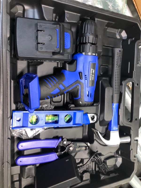 Photo 2 of 112 Piece Power Tool Combo Kits with 21V Cordless Drill, Professional Household Home Tool Kit Set with DIY Hand Tool Kits for Garden Office House Repair Maintain-Blue
