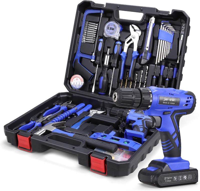Photo 1 of 112 Piece Power Tool Combo Kits with 21V Cordless Drill, Professional Household Home Tool Kit Set with DIY Hand Tool Kits for Garden Office House Repair Maintain-Blue
