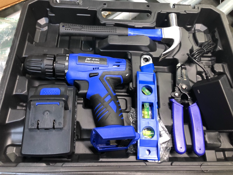 Photo 5 of 112 Piece Power Tool Combo Kits with 21V Cordless Drill, Professional Household Home Tool Kit Set with DIY Hand Tool Kits for Garden Office House Repair Maintain-Blue
