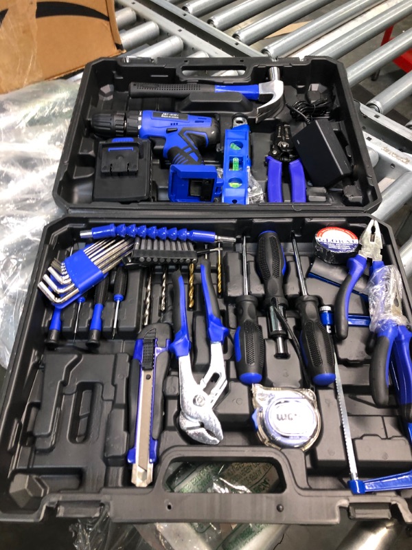 Photo 4 of 112 Piece Power Tool Combo Kits with 21V Cordless Drill, Professional Household Home Tool Kit Set with DIY Hand Tool Kits for Garden Office House Repair Maintain-Blue
