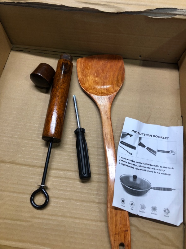 Photo 3 of  Pan with Lid & Wood Spatula, 12.5" Cast Iron Stir Fry Pan with Flat Bottom and Wooden Handle for Electric, Induction and Gas Stoves
