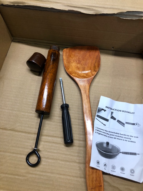 Photo 5 of  Pan with Lid & Wood Spatula, 12.5" Cast Iron Stir Fry Pan with Flat Bottom and Wooden Handle for Electric, Induction and Gas Stoves
