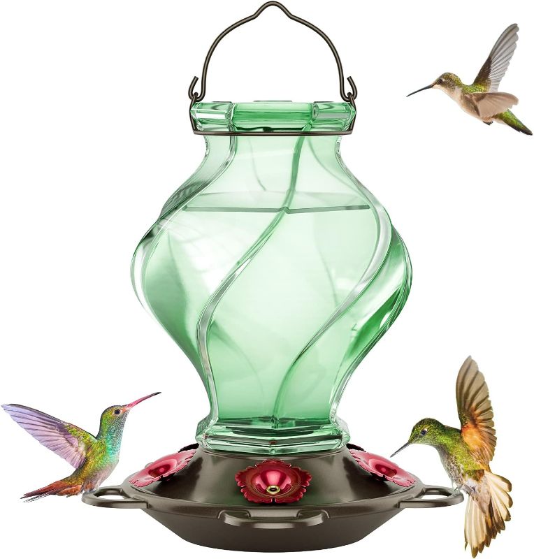 Photo 1 of Auslar Hummingbird Feeder, Hummingbird Feeders for Outdoors Hanging, 21 Ounces Glass Hummingbird Feeder with 5 Feeding Stations, Spiral Shape Glass Bottle, Green

