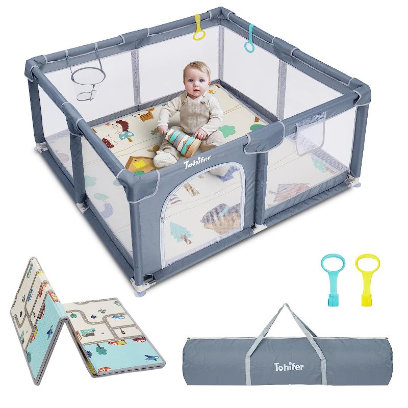 Photo 1 of Baby Playpen with Mat, Large Baby Playard for Toddler, BPA-Free, Non-Toxic, Safe No Gaps Play Yard for Babies, Indoor & Outdoor Kids Activity Center 47"x47"x26.5" with 0.4" Foldable Playmat
