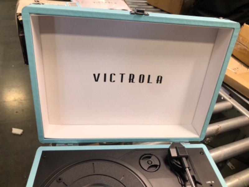 Photo 5 of Victrola Vintage 3-Speed Bluetooth Portable Suitcase Record Player with Built-in Speakers | Upgraded Turntable Audio Sound| Includes Extra Stylus | Turquoise, Model Number: VSC-550BT
