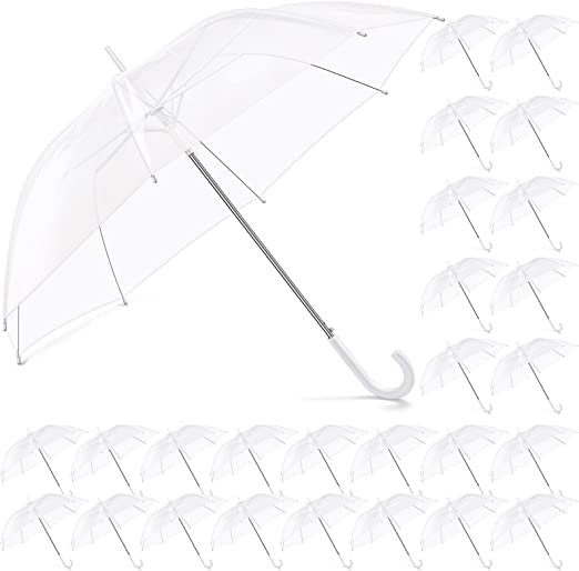 Photo 1 of Amylove 36 Pack Clear Wedding Umbrella Auto Open Windproof Wedding Transparent Style Stick Umbrellas with J Hook Handle for Rain Large Canopy for Outdoor Women Men Bridal Party Ceremony(White Handle)
