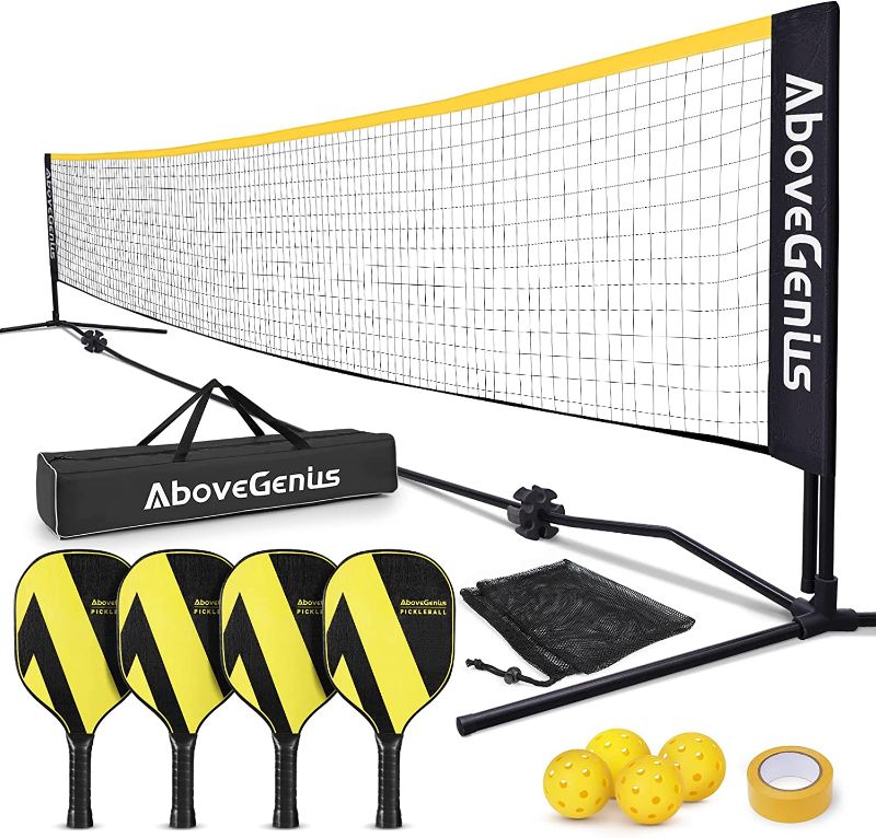 Photo 1 of AboveGenius Pickleball Set with Net(17 FT), Pickleball Paddles Set of 4, Includes 4 Premium Wood Pickleball Paddles, 4 Pickleball Balls,1 Portable Net,1 Storage Bag,1 Carry Bag,and 1 Court Marker
