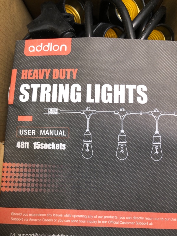 Photo 2 of addlon 48 FT Outdoor String Lights Commercial Grade Weatherproof Strand, 18 Edison Vintage Bulbs(3 Spare), 15 Hanging Sockets, ETL Listed Heavy-Duty Decorative Christmas Lights for Patio Garden 48FT Black