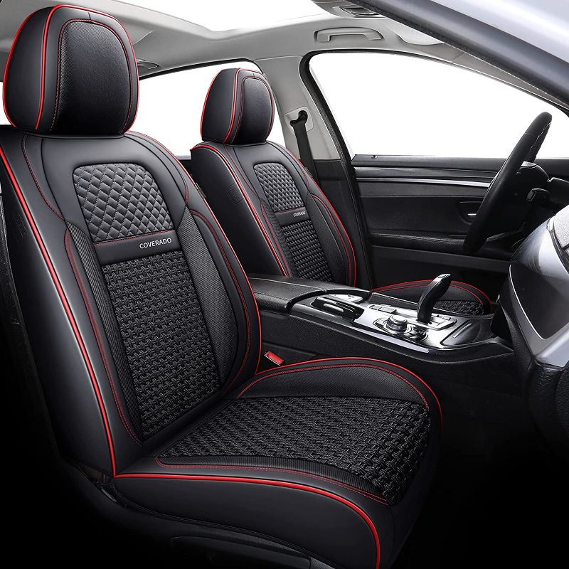 Photo 1 of Coverado Seat Covers Full Set, 5 Seats Universal Seat Covers for Cars, Super Breathable Faux Leather Car Seat Cushions, Waterproof Auto Interiors, Fit Most Vehicles, Sedans and SUVs, Black&Red Trim
