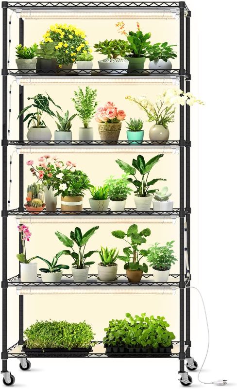 Photo 1 of Bstrip DIY Plant Shelf with Grow Light, Grow Light Shelf with Adjustable Rack and Wheels, 8-Pack 192W T8 Full Spectrum Grow Lights for Seed Starting, Arbitrarily Assembled Plant Stand
