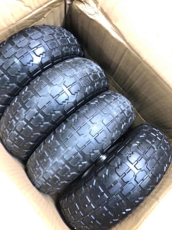 Photo 2 of 10" Flat Free Tires Solid Rubber Tyre Wheels?4.10/3.50-4 Air Less Tires Wheels with 5/8" Center Bearings?for Hand Truck/Trolley/Garden Utility Wagon Cart/Lawn Mower/Wheelbarrow/Generator?4 Pack, Black 12.4 Pounds Black