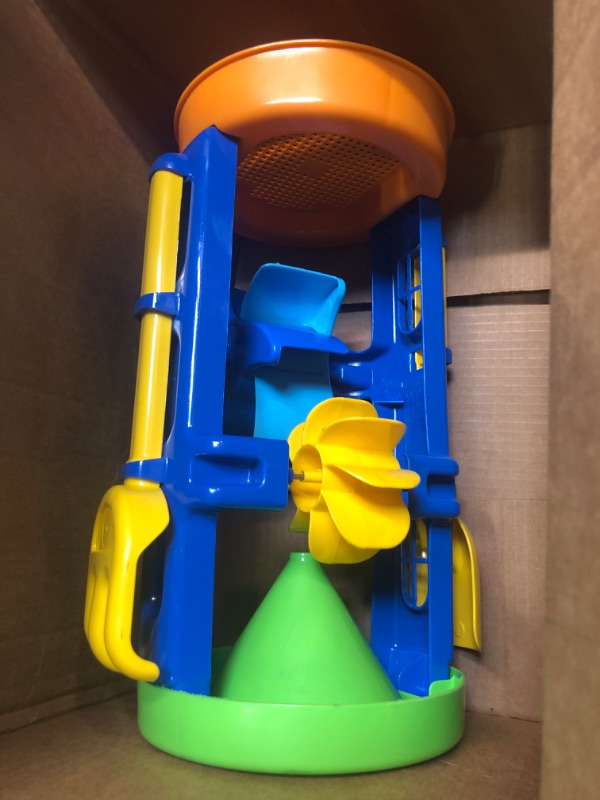 Photo 2 of American Plastic Toys Kids’ Sand and Water Wheel Tower, Flowing Sand and Water, Built-in Top Funnel, Sieve, and Wheels, Shovel and Rake Included, Learn About Solids, Liquids, Combination, for Ages 3+ (02460)