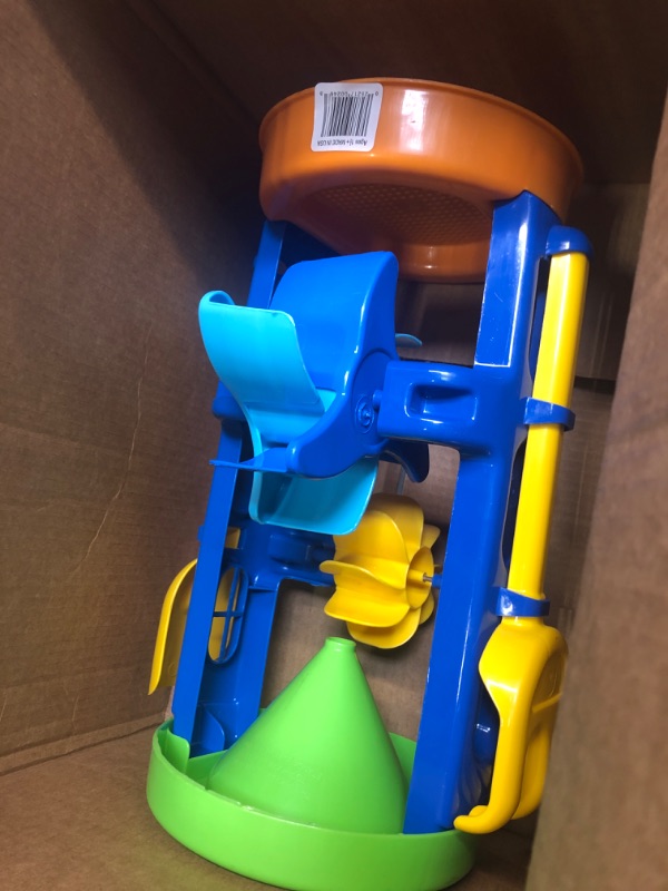 Photo 3 of American Plastic Toys Kids’ Sand and Water Wheel Tower, Flowing Sand and Water, Built-in Top Funnel, Sieve, and Wheels, Shovel and Rake Included, Learn About Solids, Liquids, Combination, for Ages 3+ (02460)