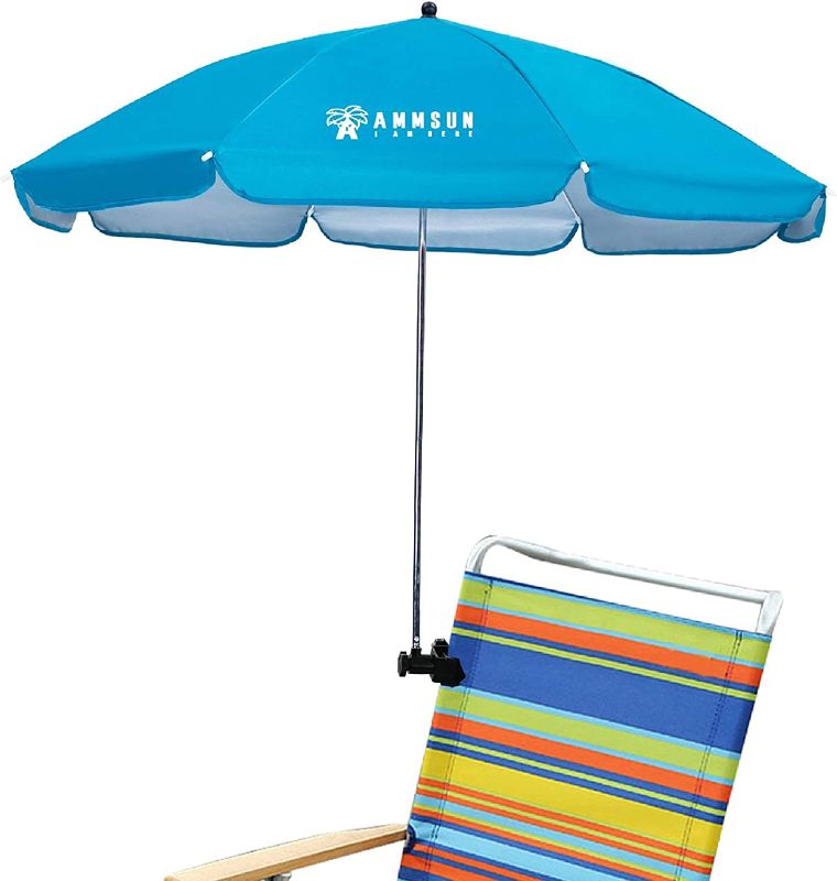 Photo 1 of AMMSUN Chair Umbrella with Universal Clamp 43 inches UPF 50+,Portable Clamp on Patio Chair,Beach Chair,Stroller,Sport chair,Wheelchair and Wagon,Bright Blue
