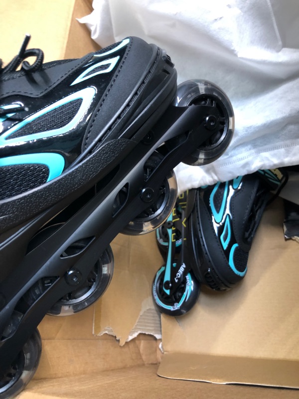 Photo 2 of 2PM SPORTS Vinal Girls Adjustable Flashing Inline Skates, All Wheels Light Up, Fun Illuminating Skates for Kids and Men- Azure Small (1Y-4Y US) Cyan & Yellow Small - Little Kid (11C-1 US)