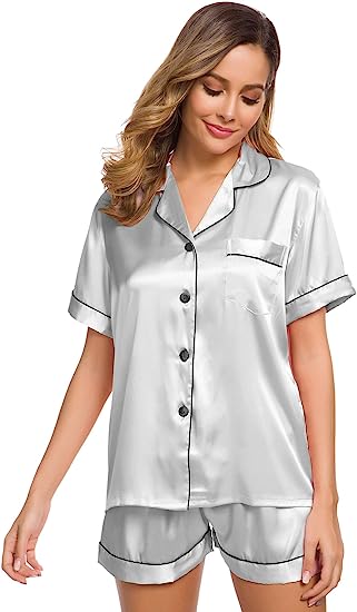 Photo 1 of SWOMOG Womens Silk Satin Pajamas Set Two-piece Pj Sets Sleepwear Loungewear Button-Down Pj Sets