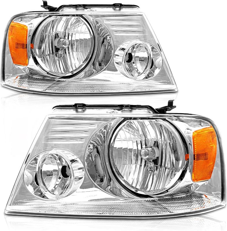 Photo 2 of AXLAHA 2004-2008 F150 Headlights Assembly for 2004 2005 2006 2007 2008 Ford F150 / 06-08 Lincoln Mark LT Pickup Chrome Housing Amber Reflector Clear Lens Replacement Driver and Passenger Side A-Chrome Housing Amber Reflector