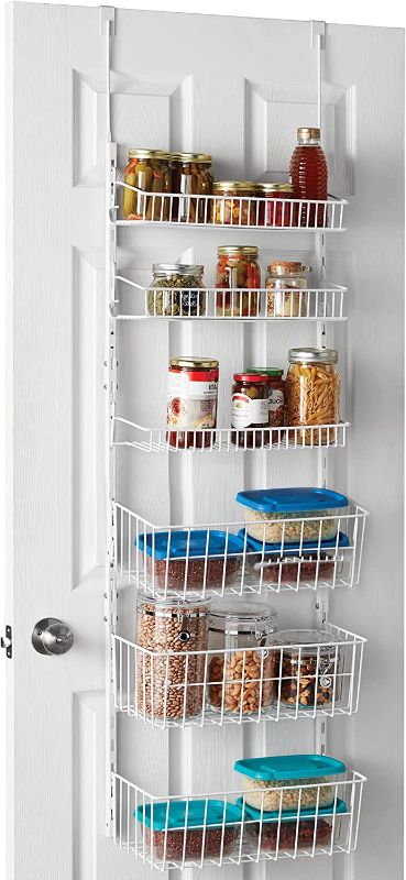 Photo 1 of  Over The Door Pantry Organizer Rack with 6 Adjustable Shelves - Steel Metal Wire Baskets and Frame - Hanging - Wall Mountable - Cans, Spice, Storage, Closet, Bathroom, Kitchen - White