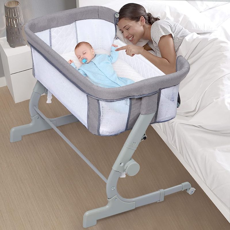 Photo 1 of RONIPIC Baby Bassinet, Bedside Bassinet for Baby, Baby Bassinet Bedside Sleeper, Height & Angle Adjustable Baby Crib with Breathable Mesh, Storage Bag and Mattress, Portable Baby Bed for Infant-Grey
