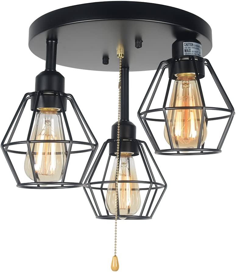 Photo 1 of Baiwaiz Industrial Pull Chain Ceiling Light Fixture, Black Metal Cage Semi Flush Mount Lighting with Pull String Modern Steampunk Entryway Kitchen Light 3 Lights Edison E26 BW17154
