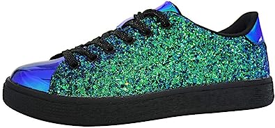 Photo 1 of LUCKY STEP Glitter Sneakers Lace up | Fashion Sneakers | Sparkly Shoes for Women 6 Green Hologram