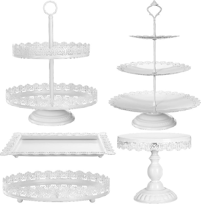 Photo 1 of ALEDO White Cake Stand 5 Pcs, Dessert Table Display Set Metal Antique-inspired with Cake Pop Stand, Cupcake Tower, Treats Candy Station for Wedding Birthday Party Baby Shower Celebration Holiday Décor
